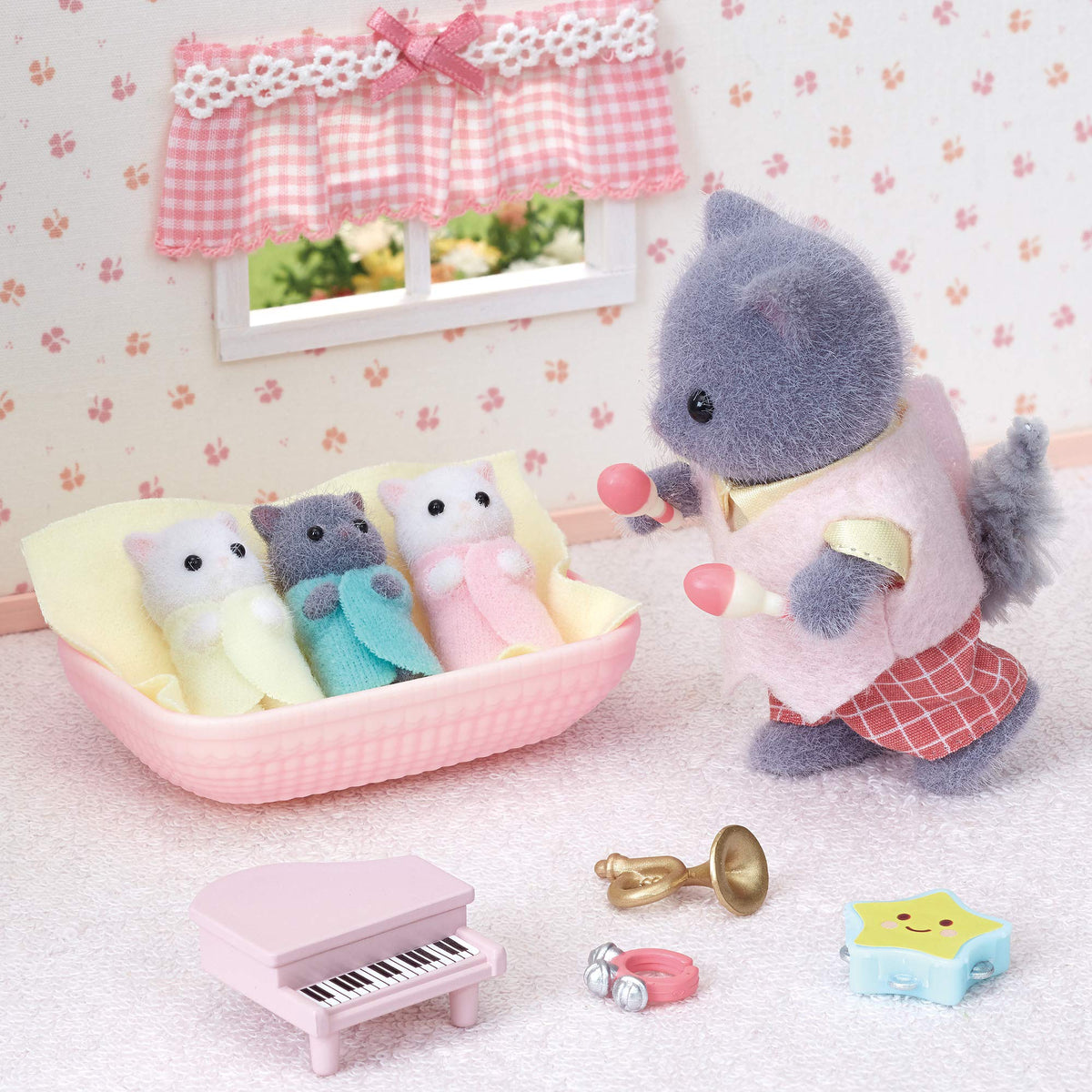 Sylvanian Families Persian Cat Triplet in pink outfit for gentle playtime
