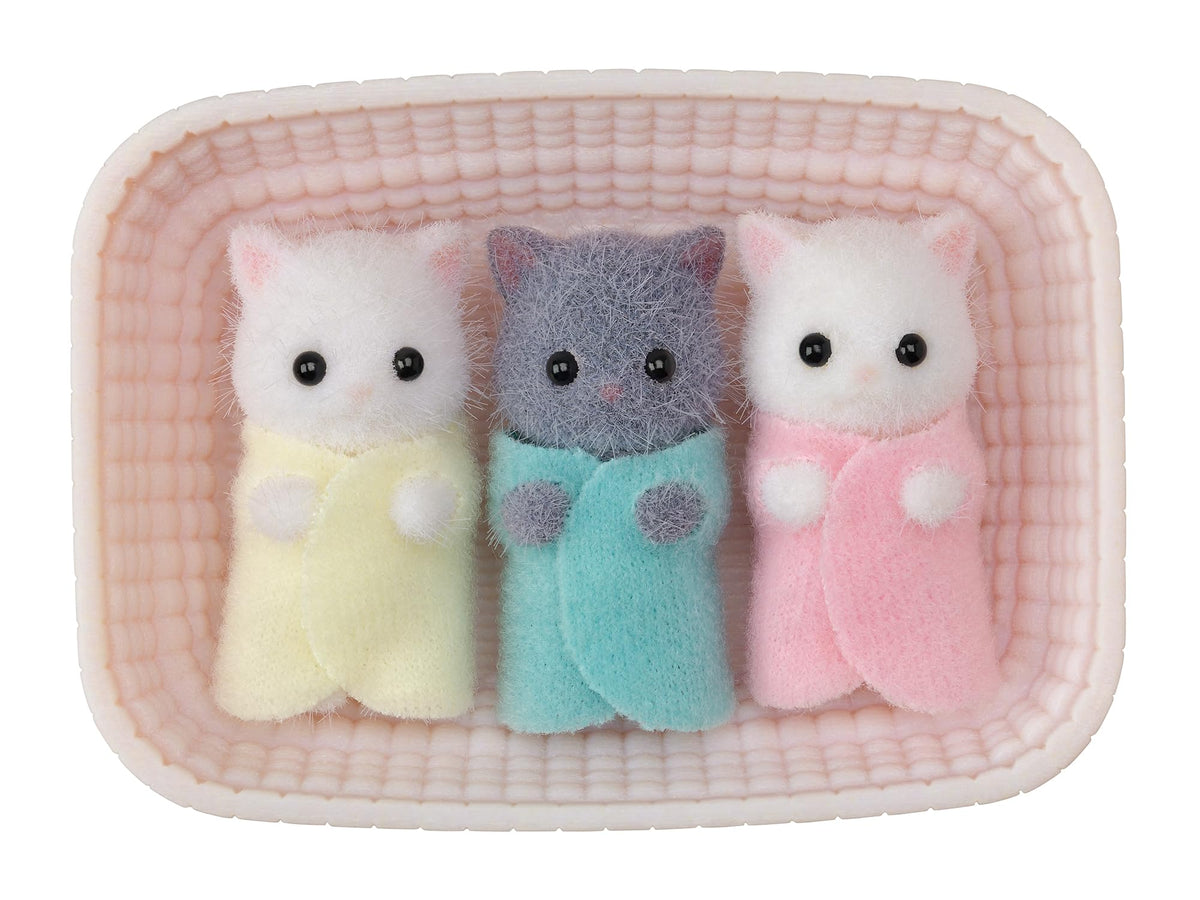 Sylvanian Families Persian Cat Triplet in yellow outfit ready for cradle playtime
