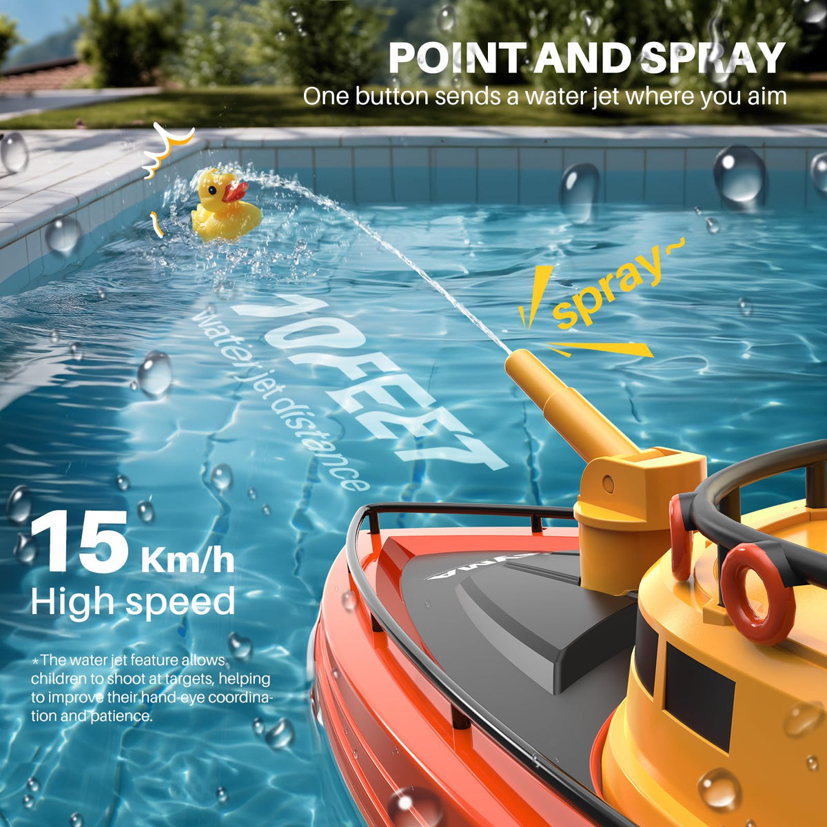 SYMA fireboat reaches 15 km/h for exciting on-water action.