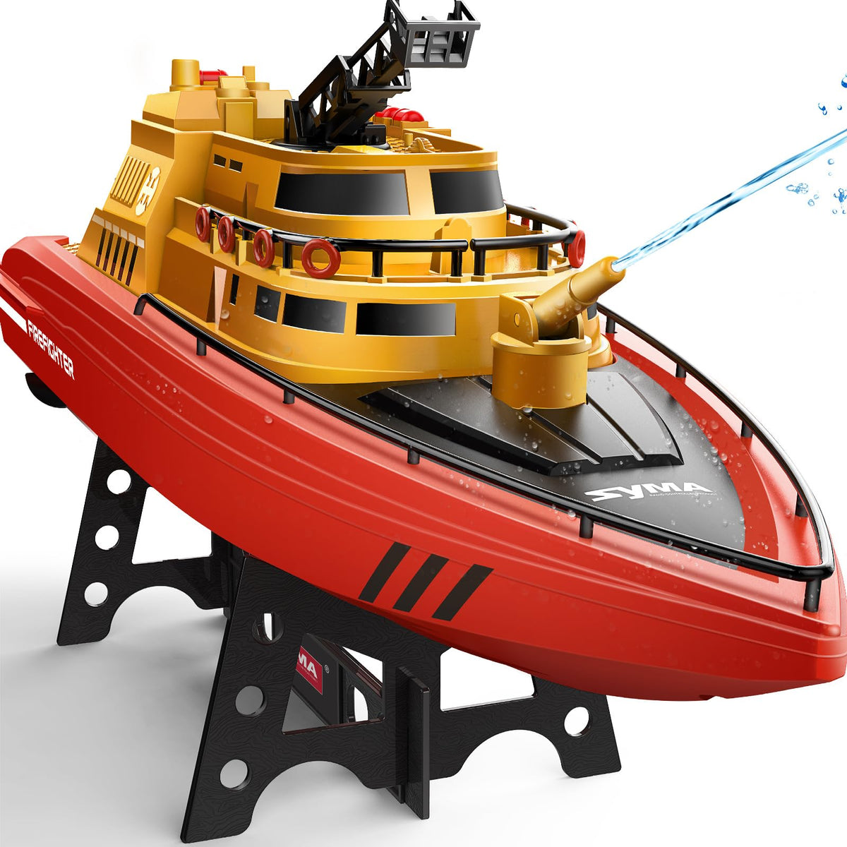 SYMA fireboat with extendable ladder for lifelike rescue play.
