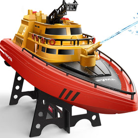 SYMA fireboat with extendable ladder for lifelike rescue play.