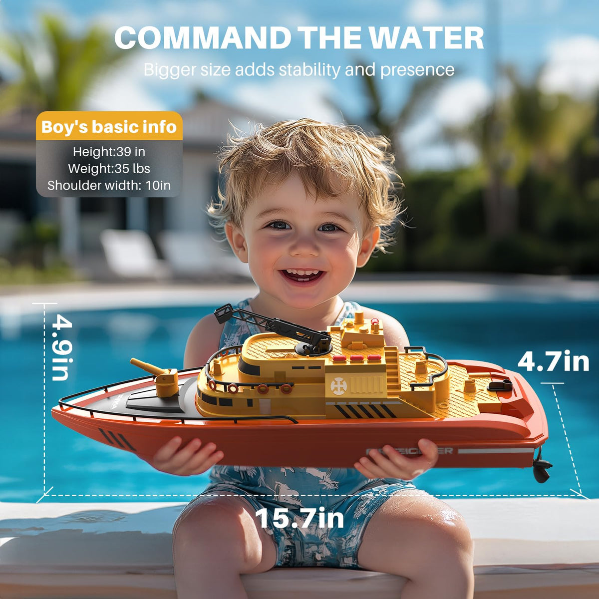 SYMA fireboat for freshwater pool play with proper drying afterwards.