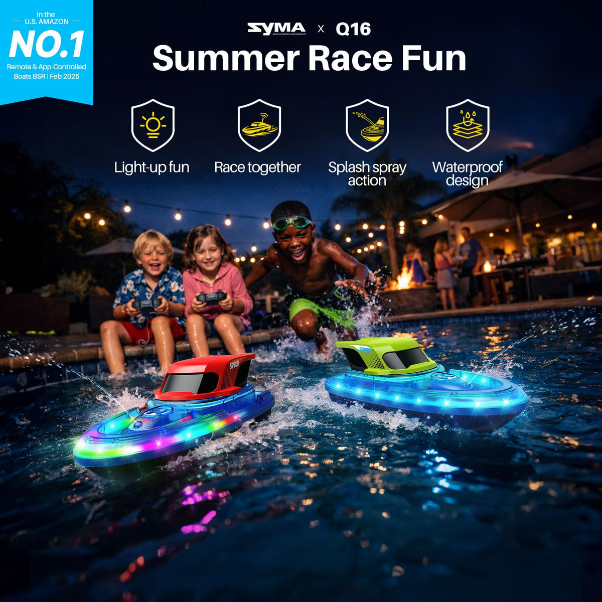 SYMA RC boats on water scene ideal for pool day fun