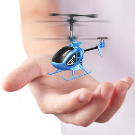 SYMA RC helicopter side angle showing durable PVC shell for safe play.