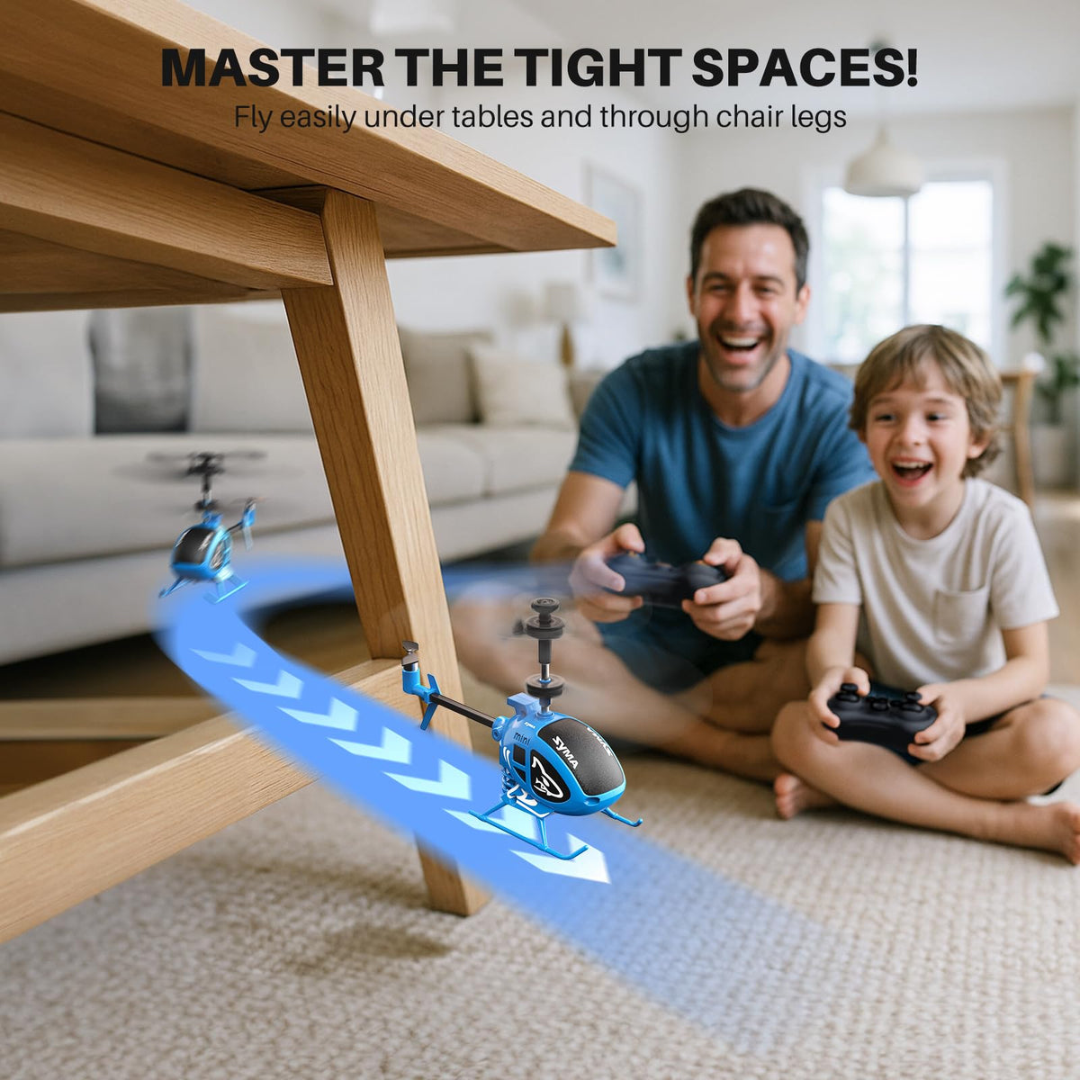 SYMA RC helicopter top view highlights compact design for easy handling.