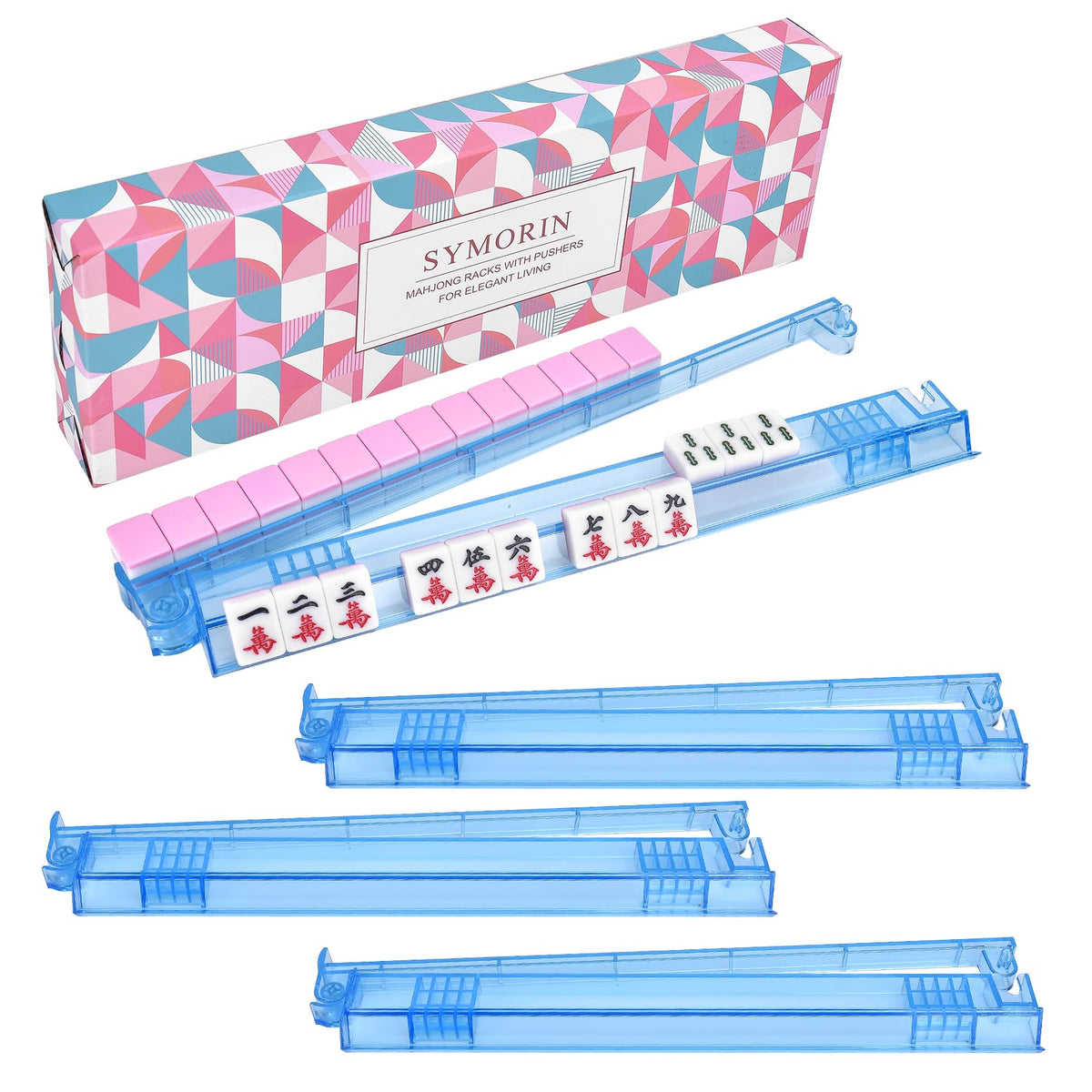 SYMORIN clear blue mahjong racks with pushers ready for organized play