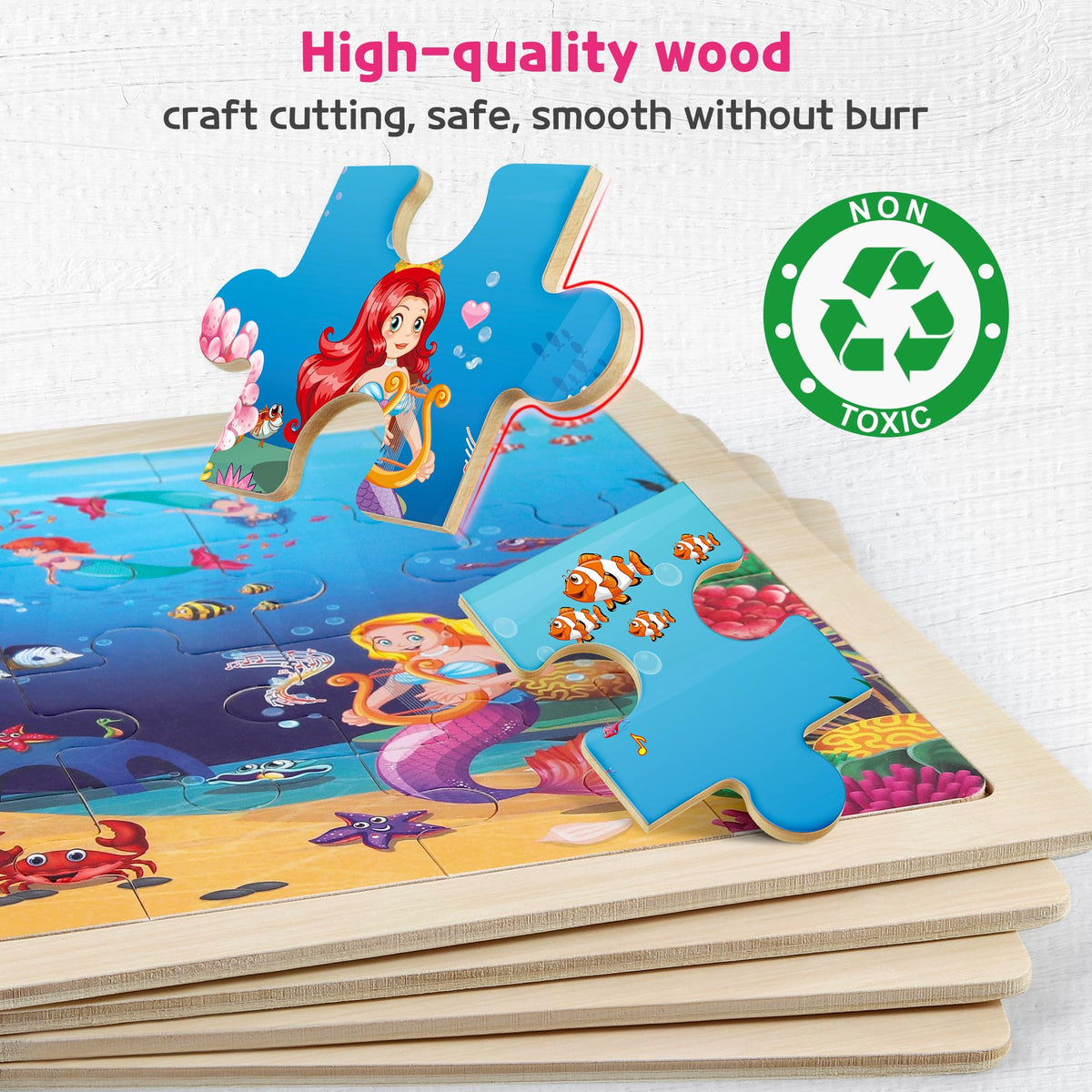 SYNARRY mermaid puzzle with thick wood supports durable play and reuse.