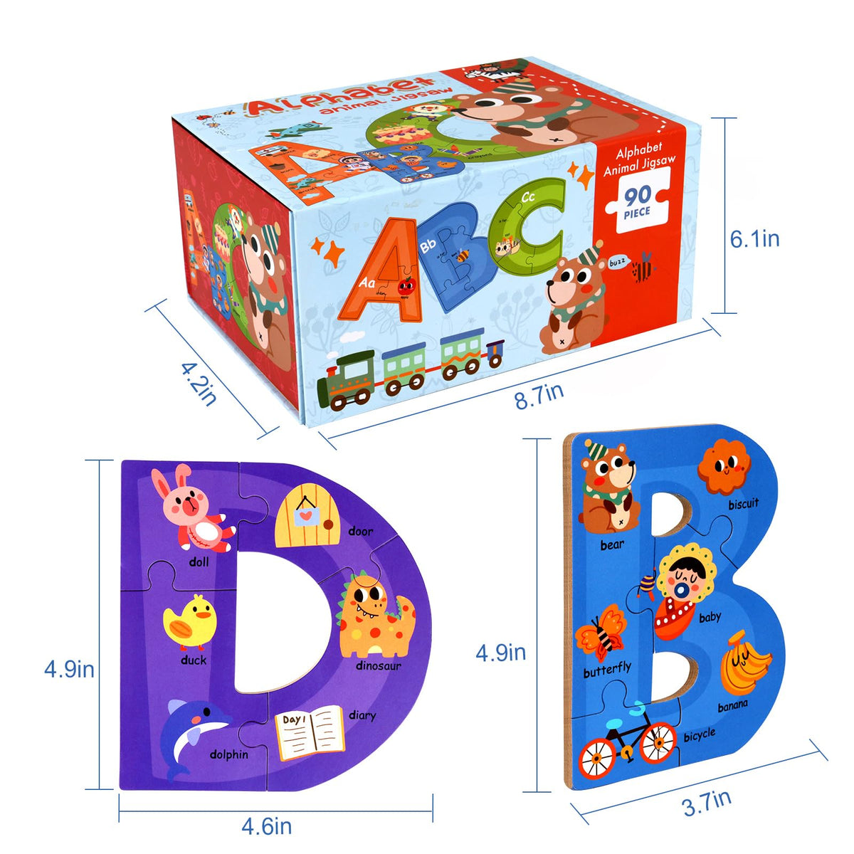SYNARRY ABC puzzle front-back illustrations showing letters with themed images.