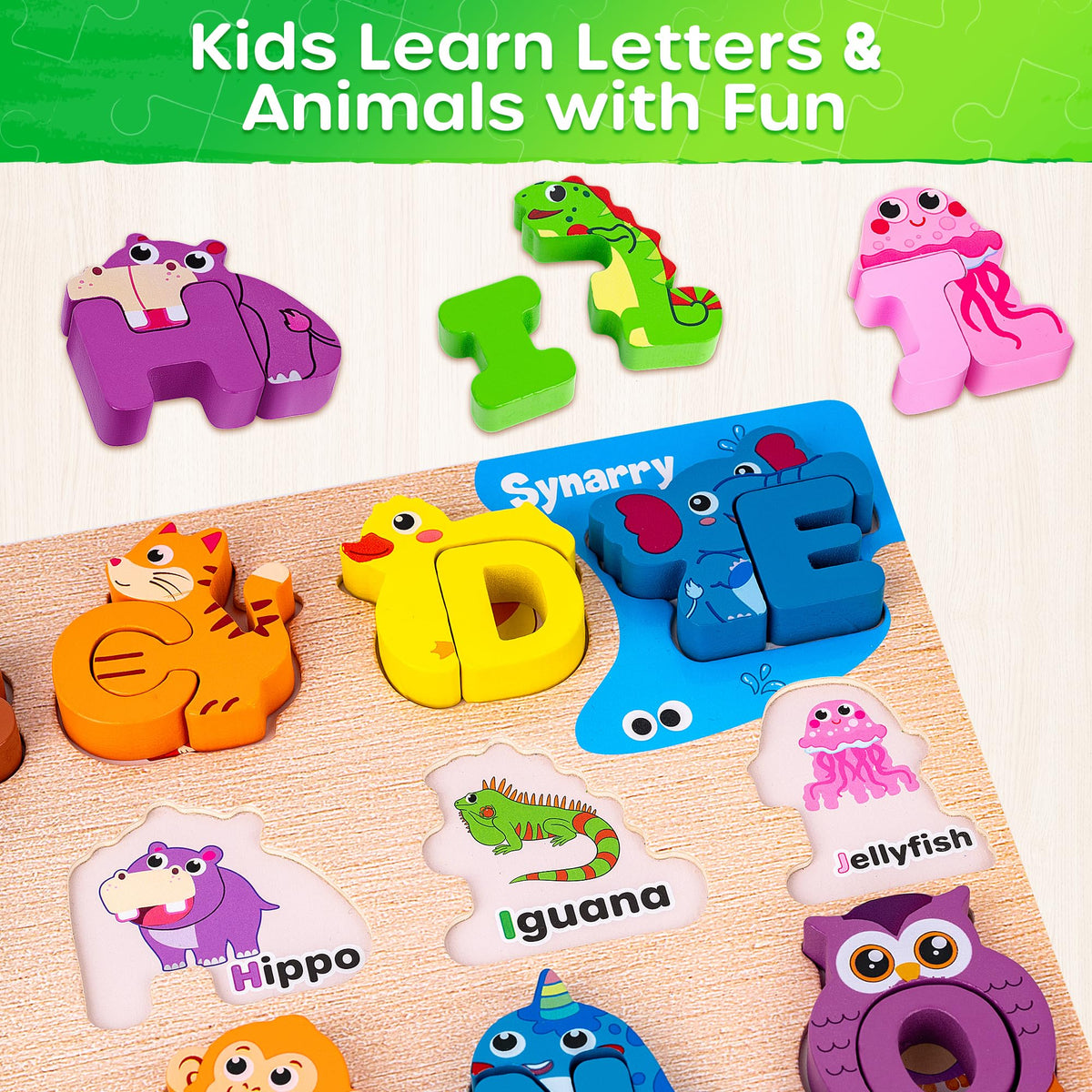 SYNARRY animal-shaped blocks pair letters for playful matching and creative storytelling.