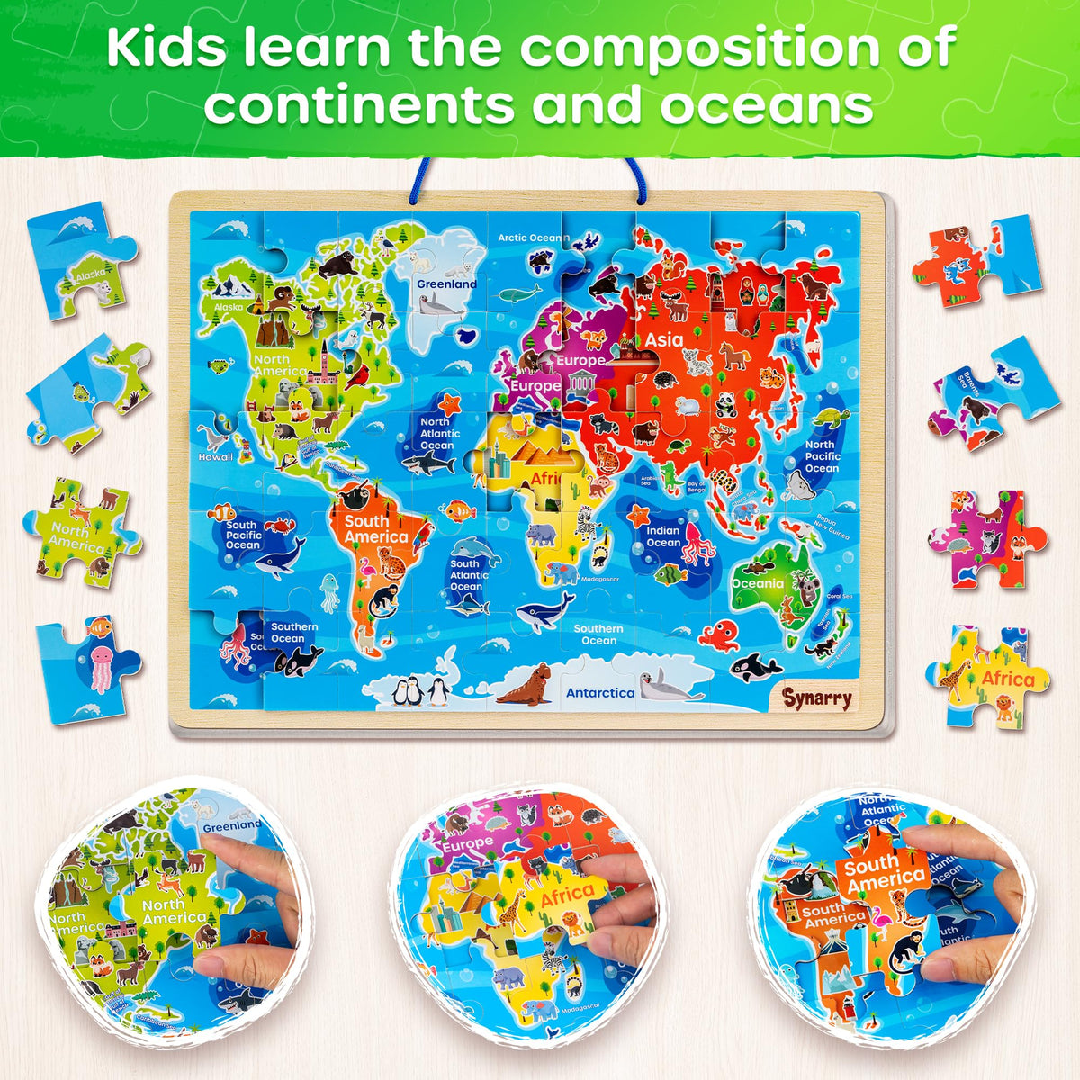 SYNARRY animals puzzle introduces wildlife names and locations in a colorful scene.