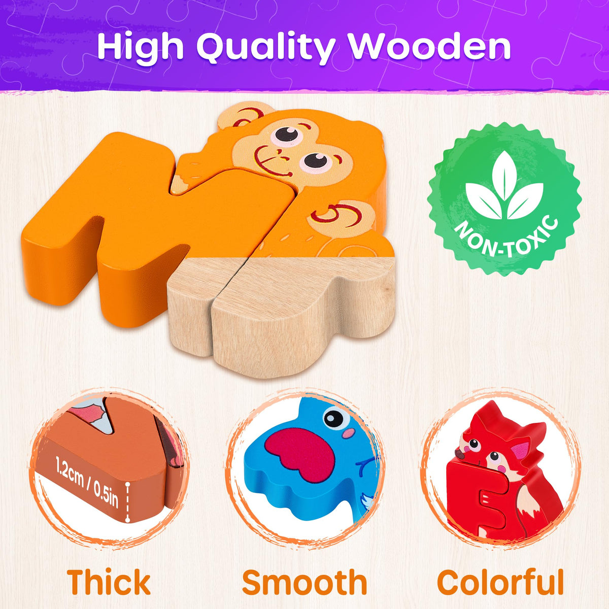 SYNARRY wooden puzzle is durable, child-safe, and designed for handling by small hands.