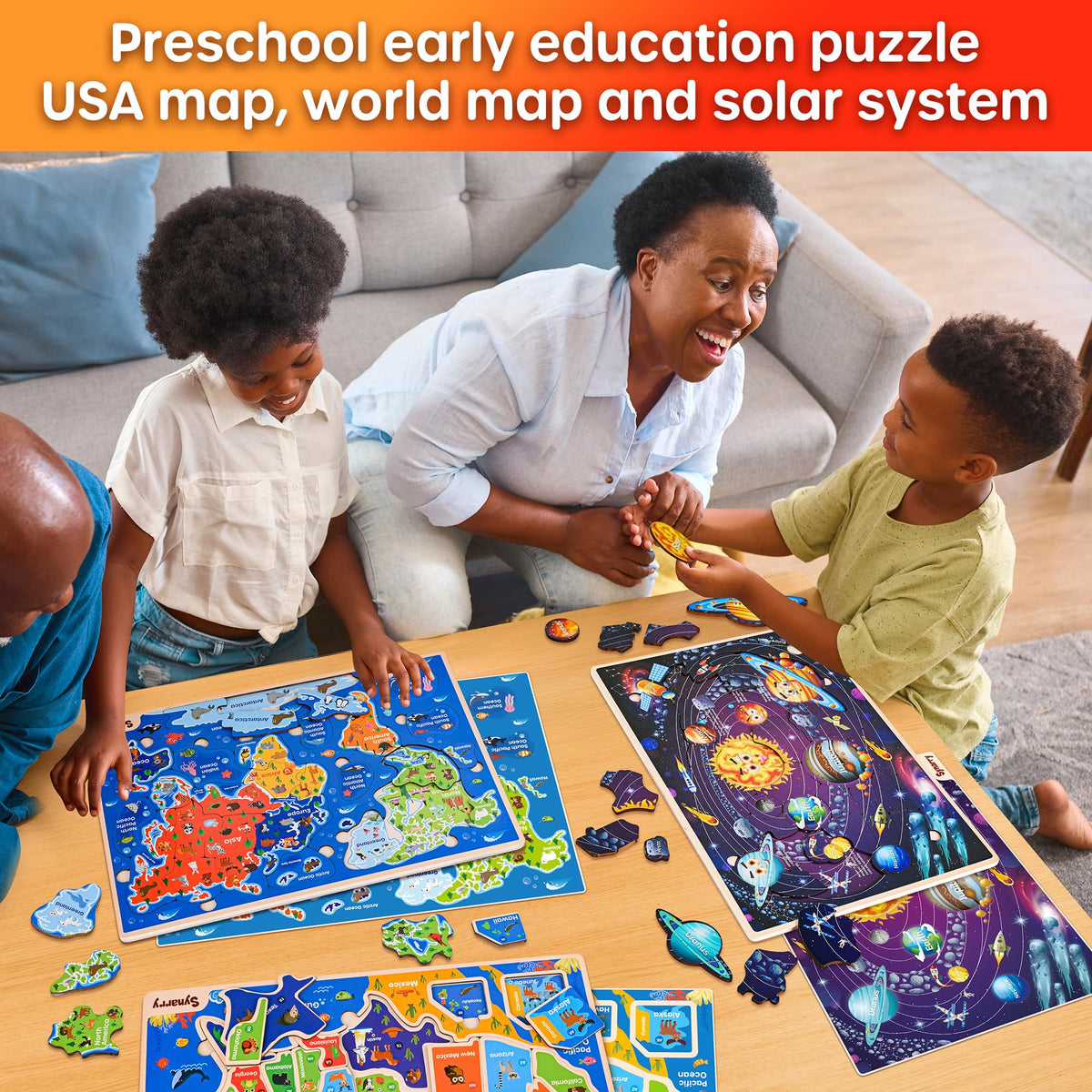 SYNARRY kid learning geography with three-puzzle set sparks curiosity and recognition.