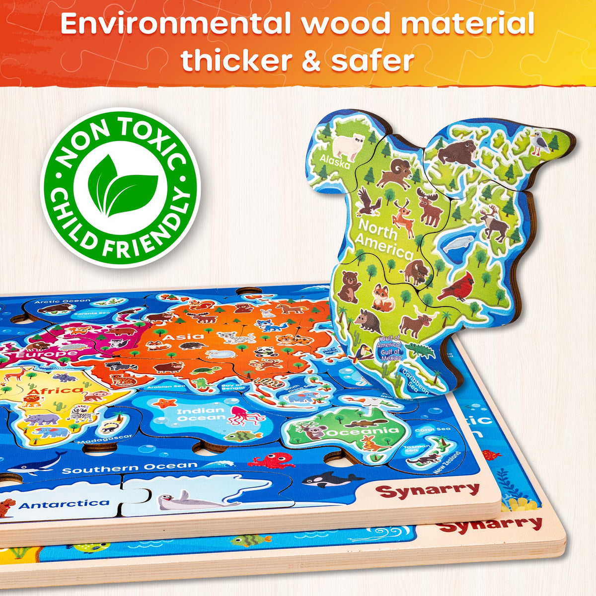 SYNARRY wooden puzzle with bright colors and thick pieces for durable, engaging play.