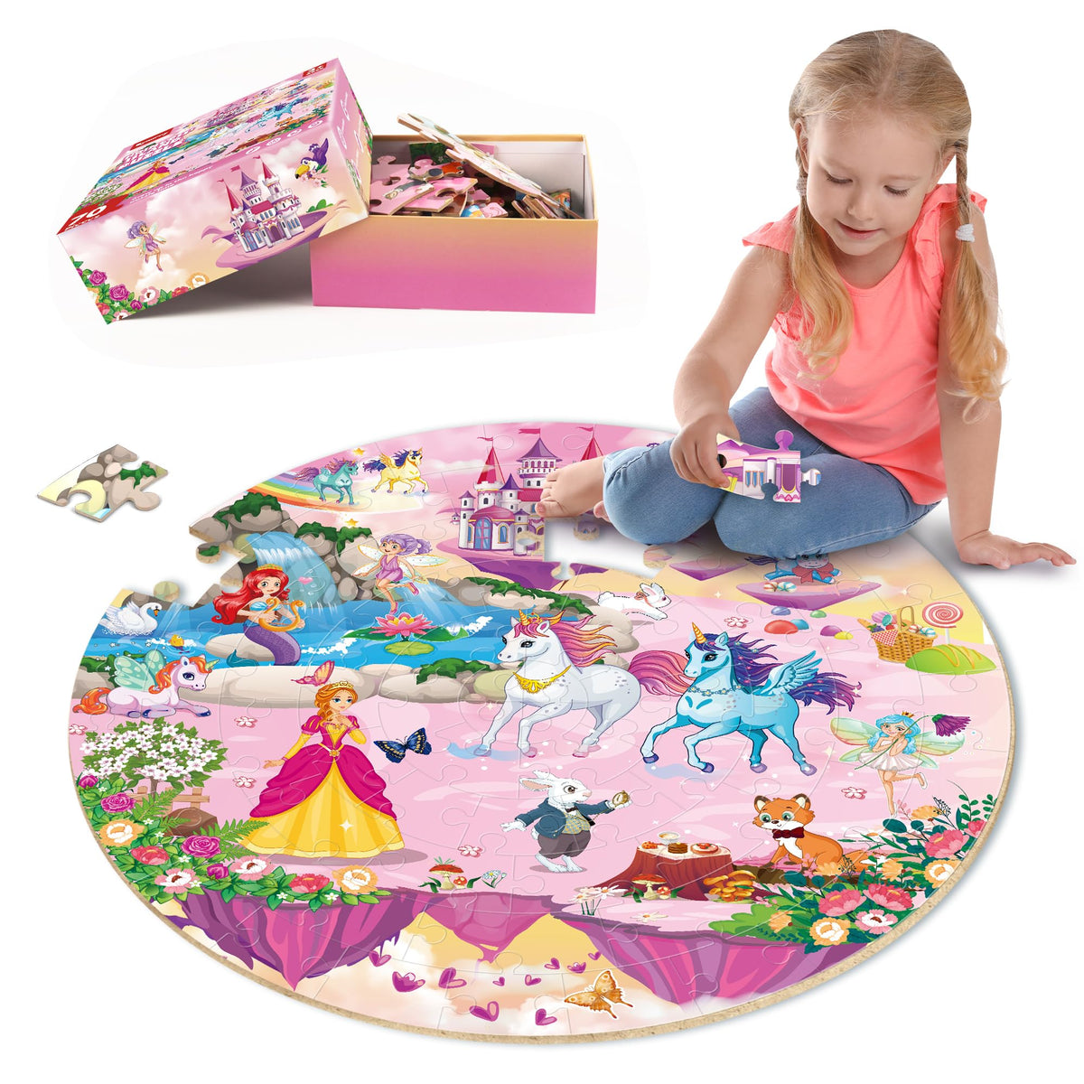 Synarry unicorn-princess-mermaid-floor-puzzle promotes imaginative play with bright, kid-friendly characters.