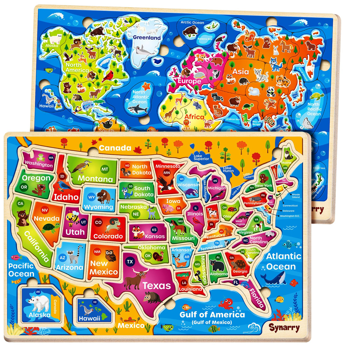 SYNARRY large wooden US world map puzzle showing states, capitals, and oceans for geography learning.