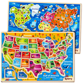 SYNARRY large wooden US world map puzzle showing states, capitals, and oceans for geography learning.