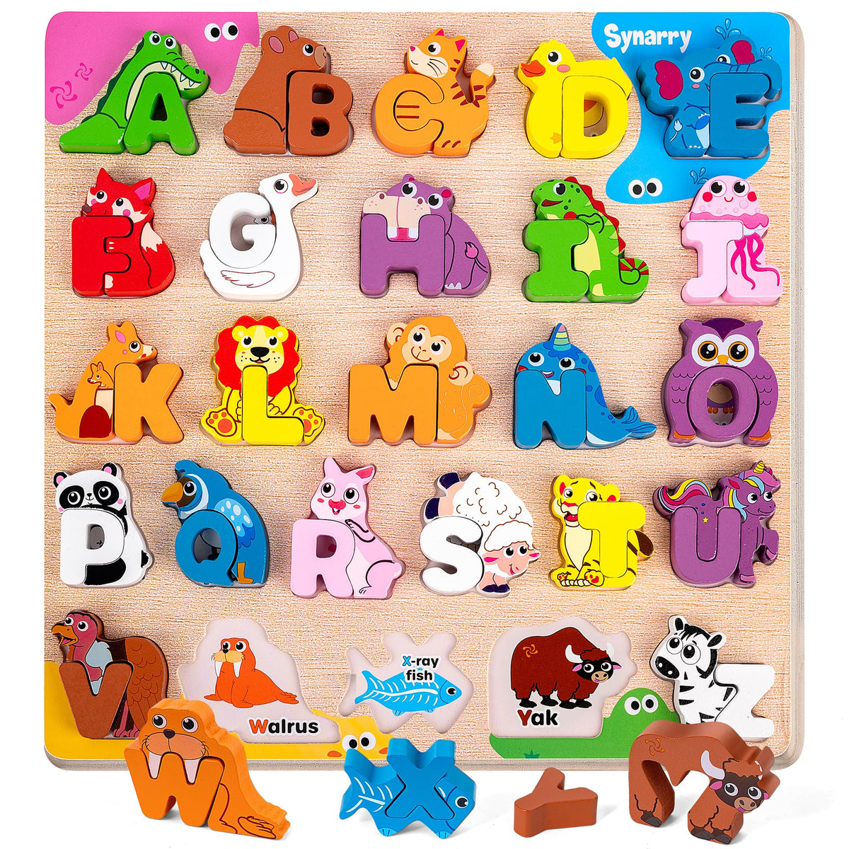 SYNARRY wooden alphabet puzzle base board with animal shapes supports early literacy and memory.
