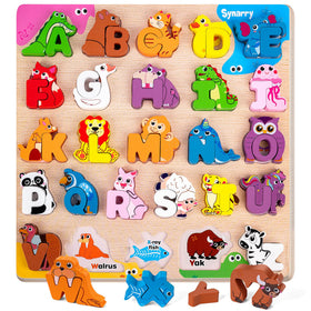 SYNARRY wooden alphabet puzzle base board with animal shapes supports early literacy and memory.