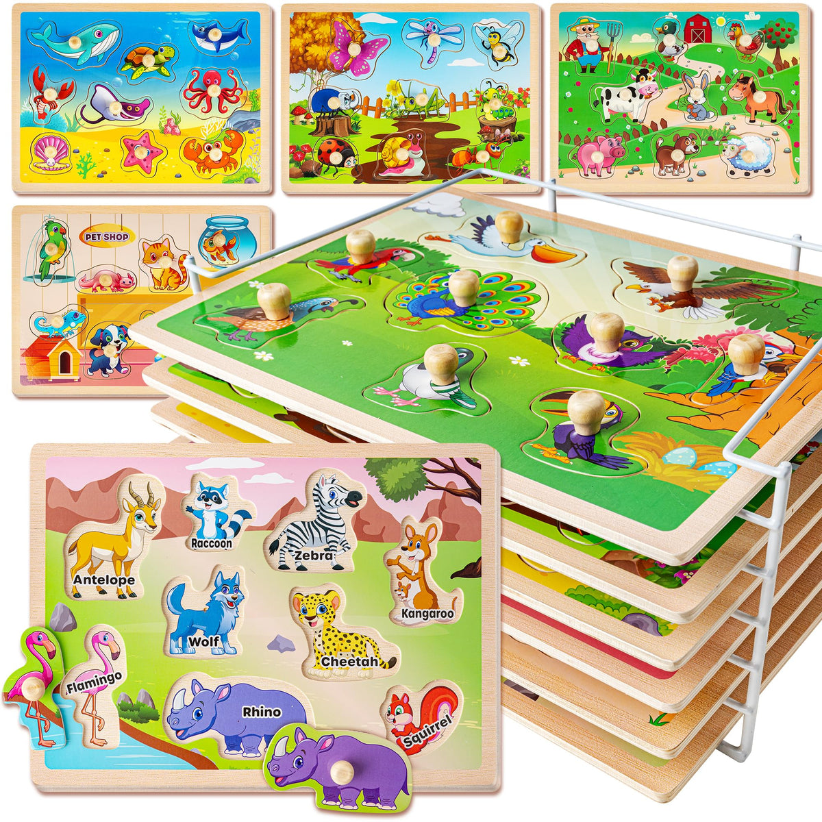 SYNARRY wooden animal puzzles for toddlers with rack, easy storage and organization.