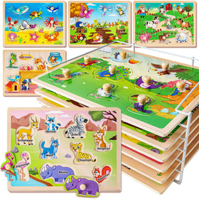 SYNARRY wooden animal puzzles for toddlers with rack, easy storage and organization.