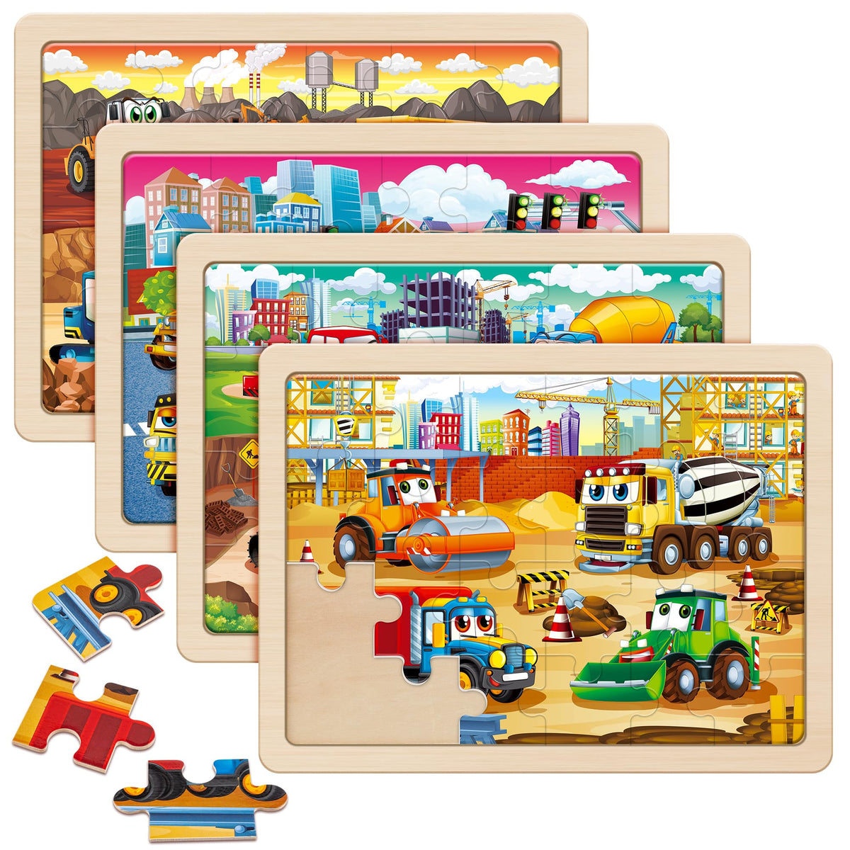 SYNARRY wooden construction vehicle puzzles pack 1 with vivid colors for tactile play
