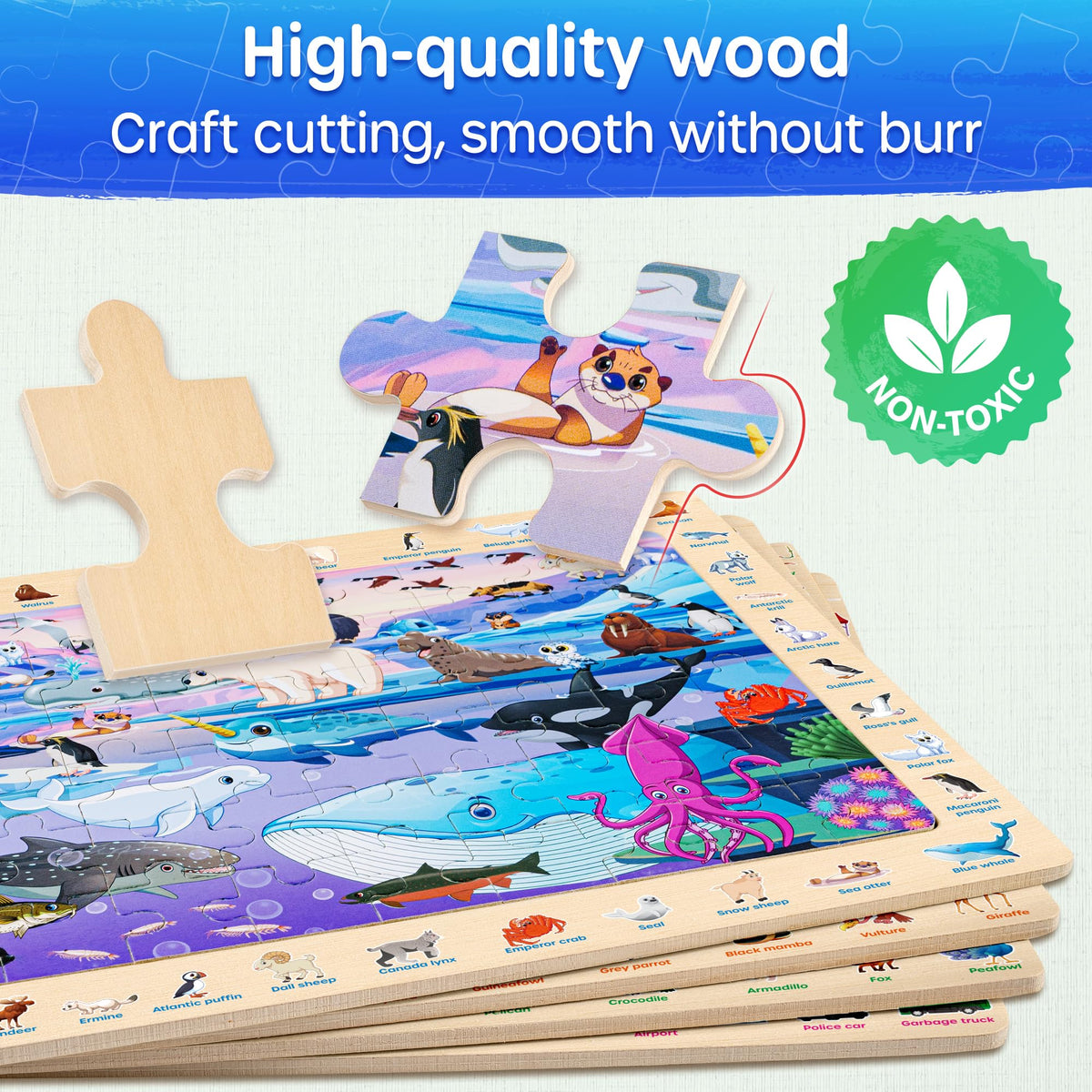 Synarry 60-piece wooden puzzle set offers durable, kid-friendly play.