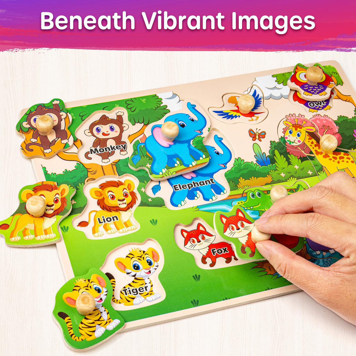 SYNARRY dinosaurs, animals, and vehicles puzzle image supports fine motor development.