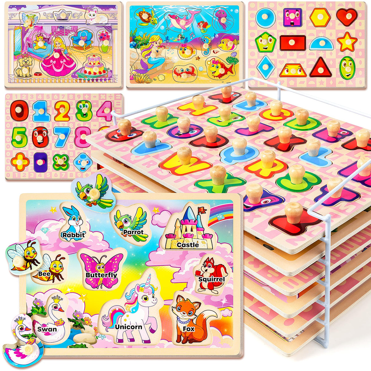 SYNARRY wooden puzzles for toddlers with rack to boost fine motor skills and tidy play.