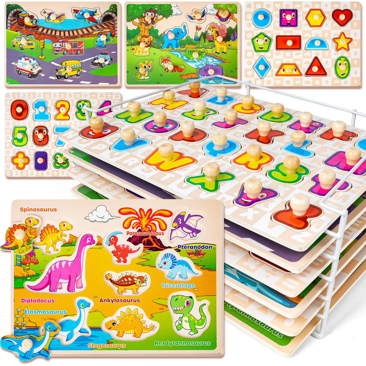 SYNARRY wooden puzzles six-pack for toddlers, engaging colorful blocks for early learning.