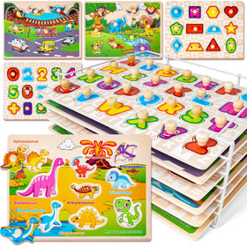 SYNARRY wooden puzzles six-pack for toddlers, engaging colorful blocks for early learning.