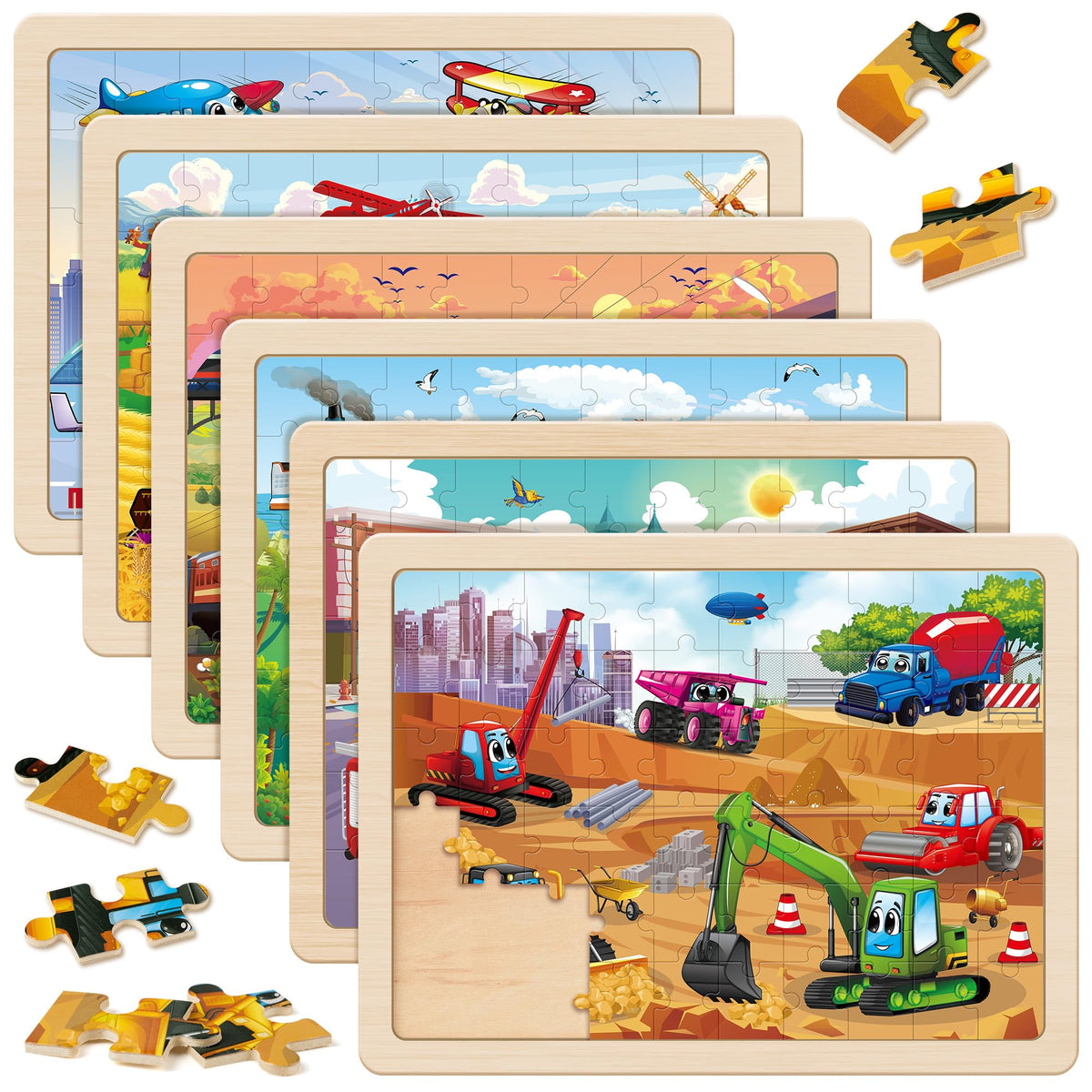 SYNARRY wooden vehicle puzzles pack cover with six themes for imaginative play.