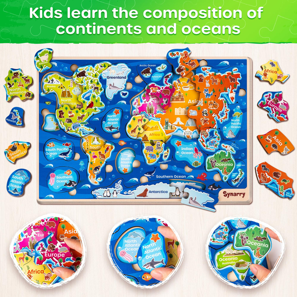 SYNARRY world map oceans puzzle highlights continents for global awareness and exploration.