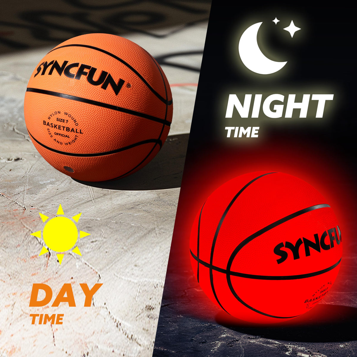 SYNCFUN Glow Basketball night play with bright LEDs for safe after-sunset games.
