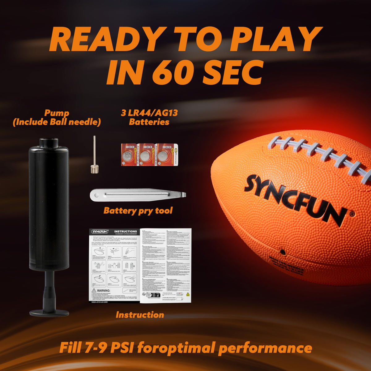 SYNCFUN football with pump and batteries ready for uninterrupted play.