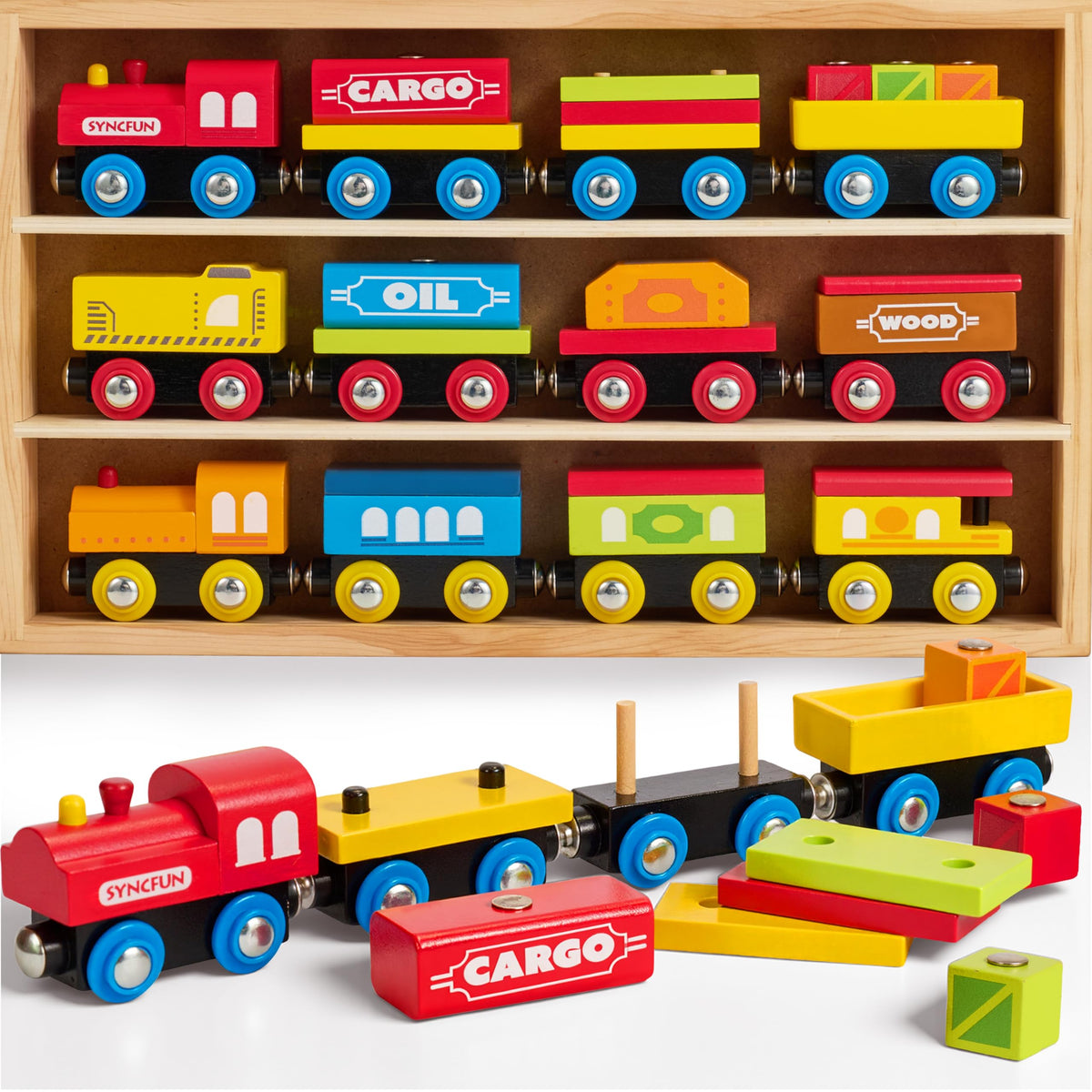 SYNCFUN Montessori wooden train engine for imaginative play and durable construction.