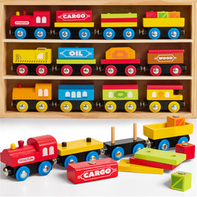 SYNCFUN Montessori wooden train engine for imaginative play and durable construction.