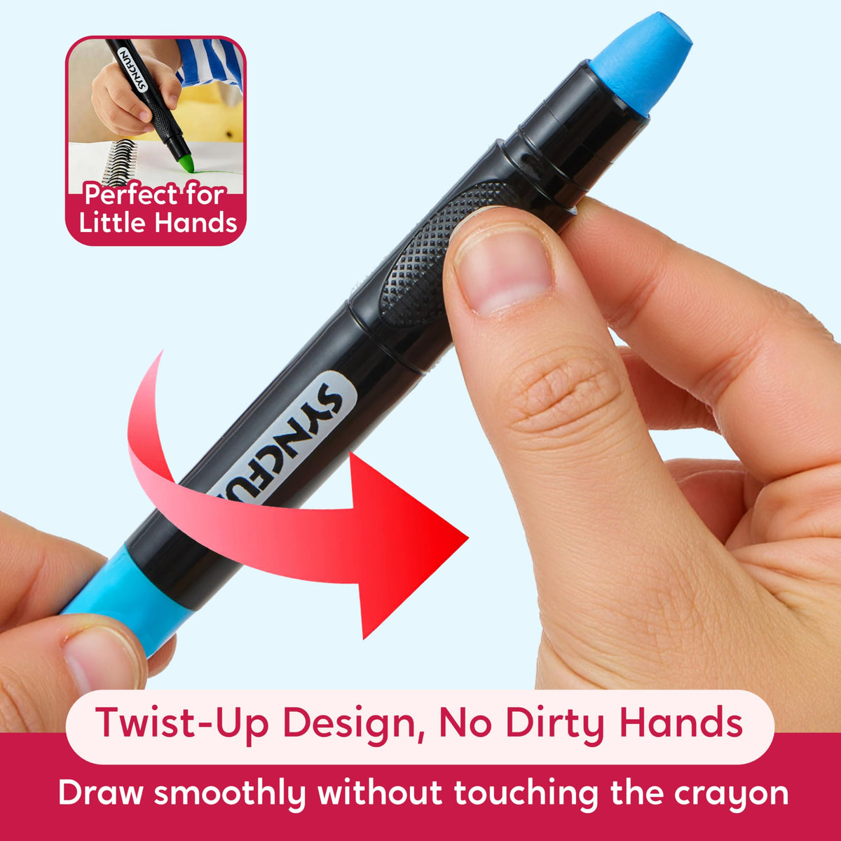 SYNCFUN twistable-silky-crayons-cleanup-water-demo shows mess-free cleanup after crafts.