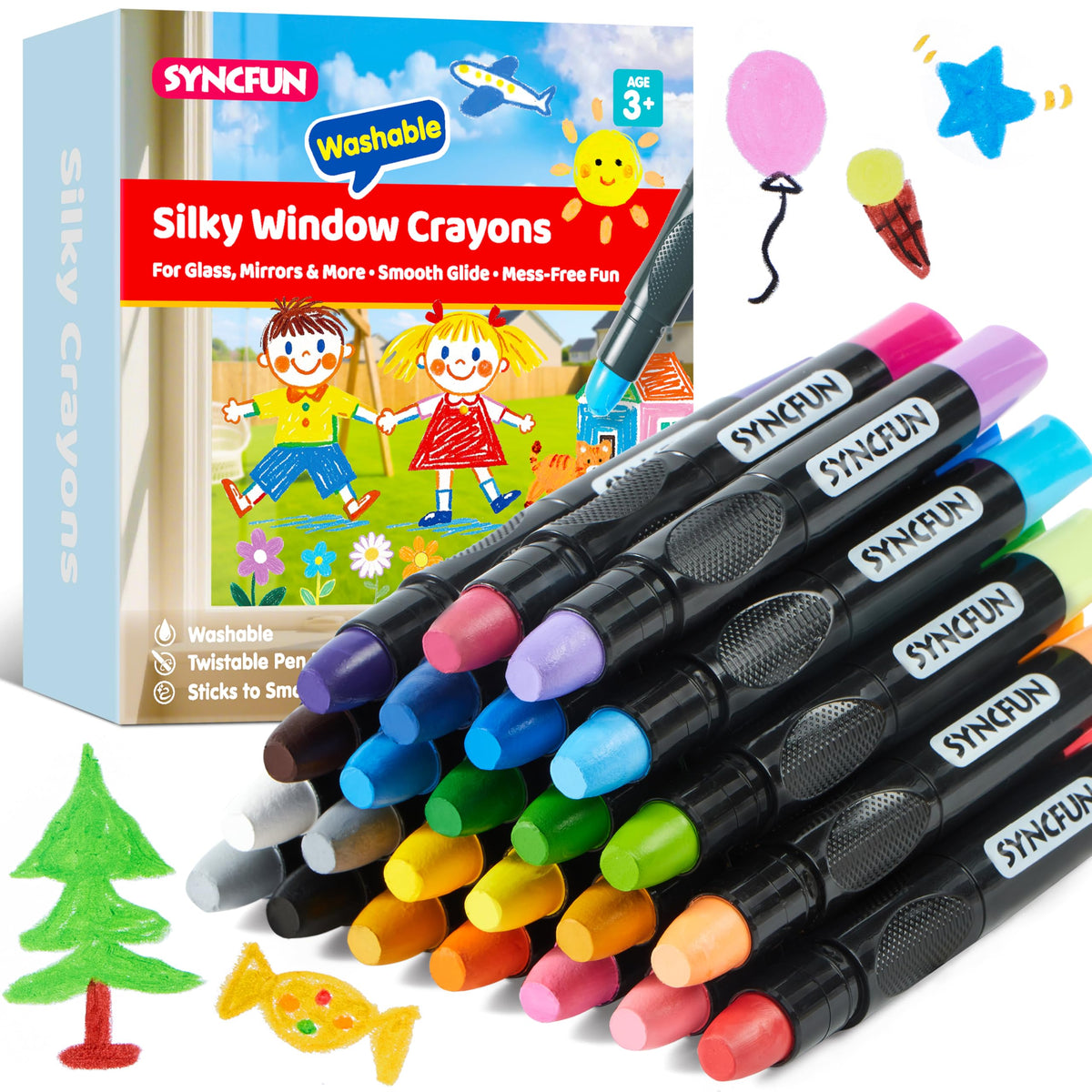 SYNCFUN twistable-silky-crayons-pack-front for smooth coloring on glass and paper.