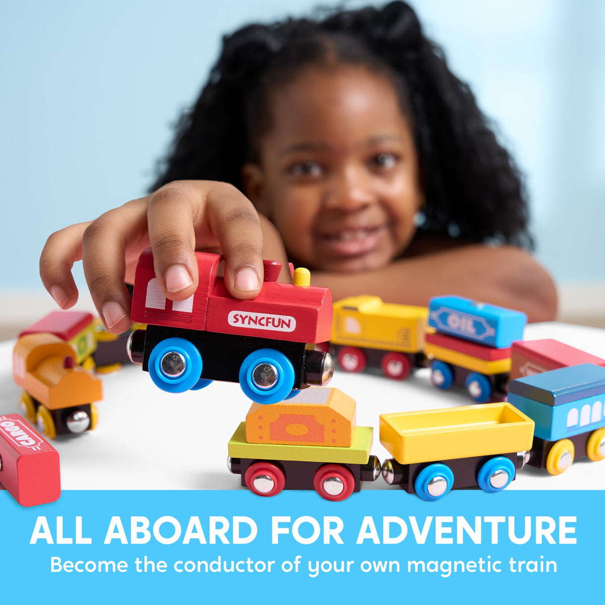 SYNCFUN wooden coal car with magnet for hands-on loading and unloading.