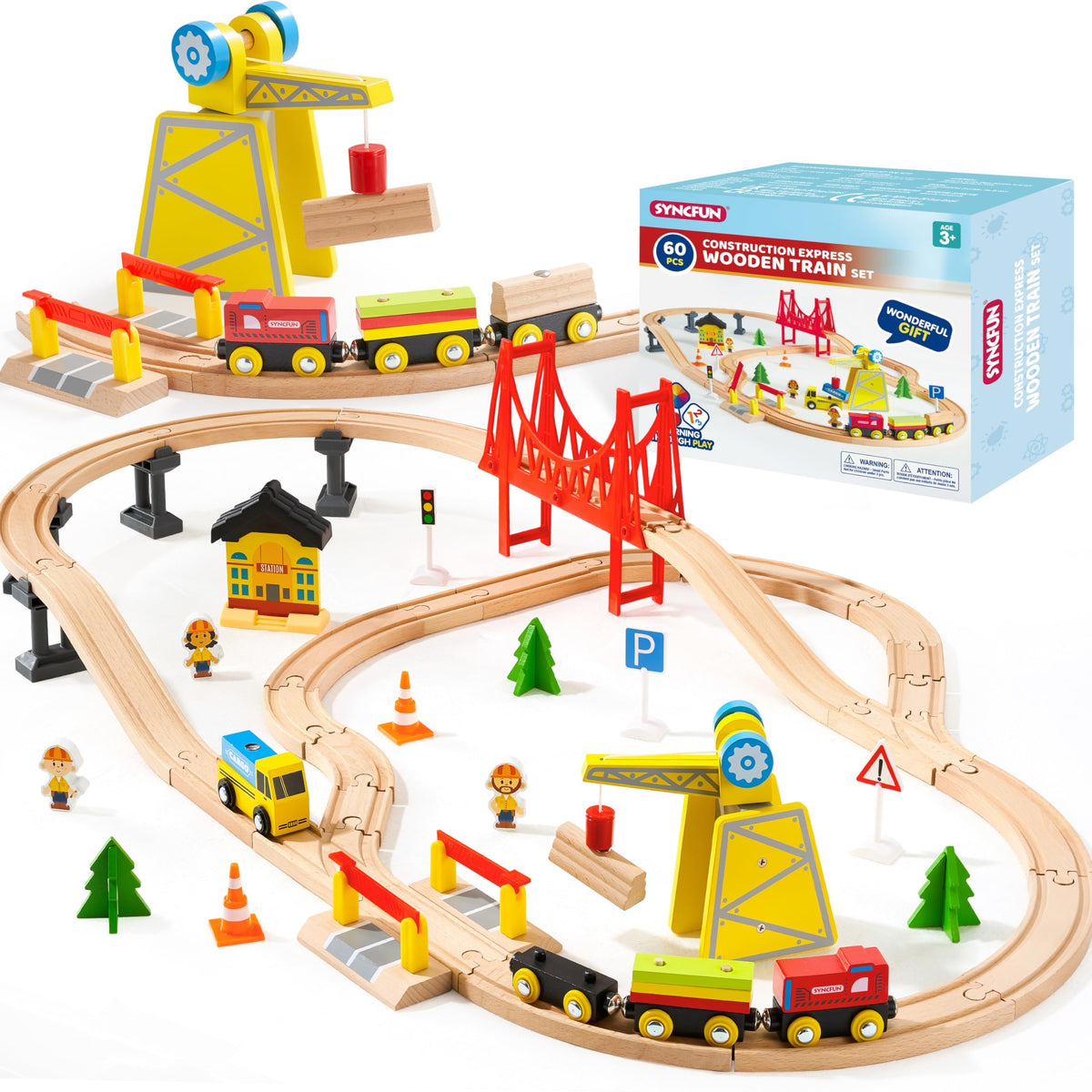 SYNCFUN wooden train set tracks promote imaginative play and hands-on learning.