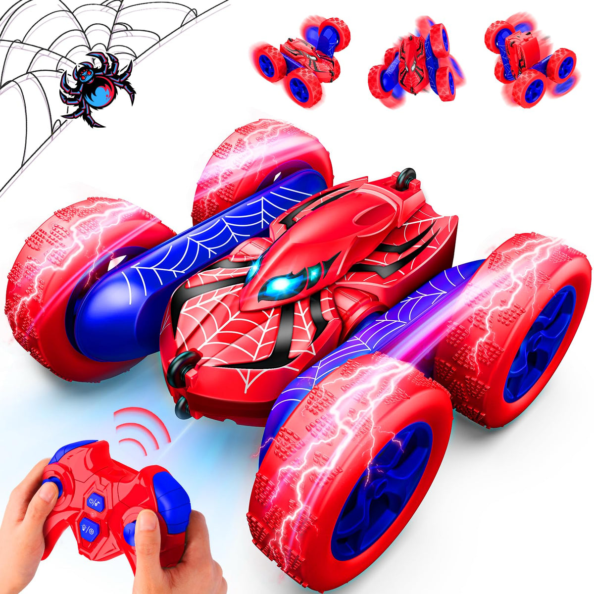 SYOKZEY Spider RC Car front view showing dual-sided design and LED headlights