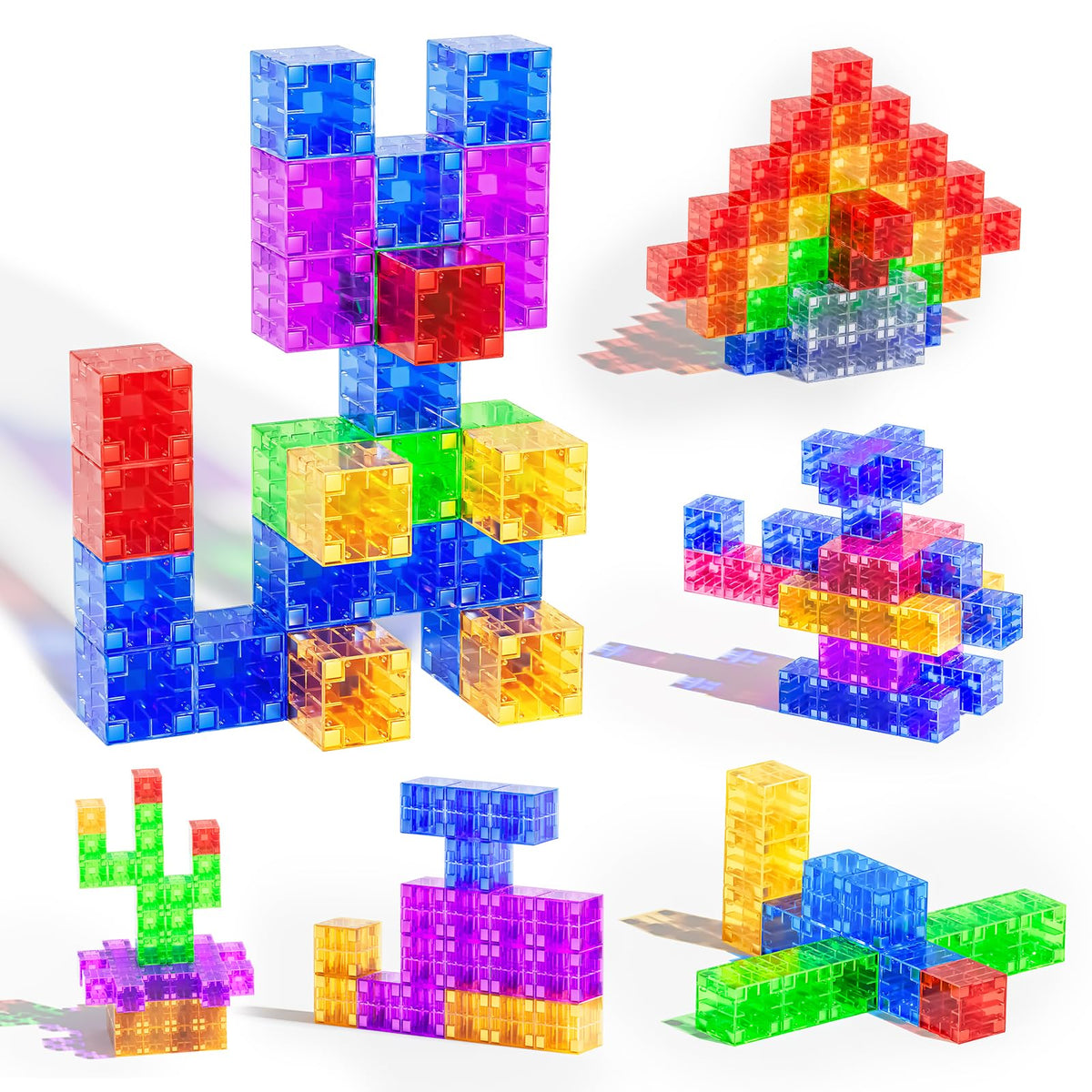 SYSKENI 56-piece transparent magnetic blocks for creative building and color learning.