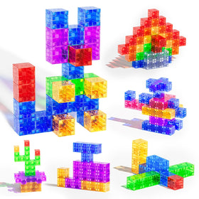 SYSKENI 56-piece transparent magnetic blocks for creative building and color learning.