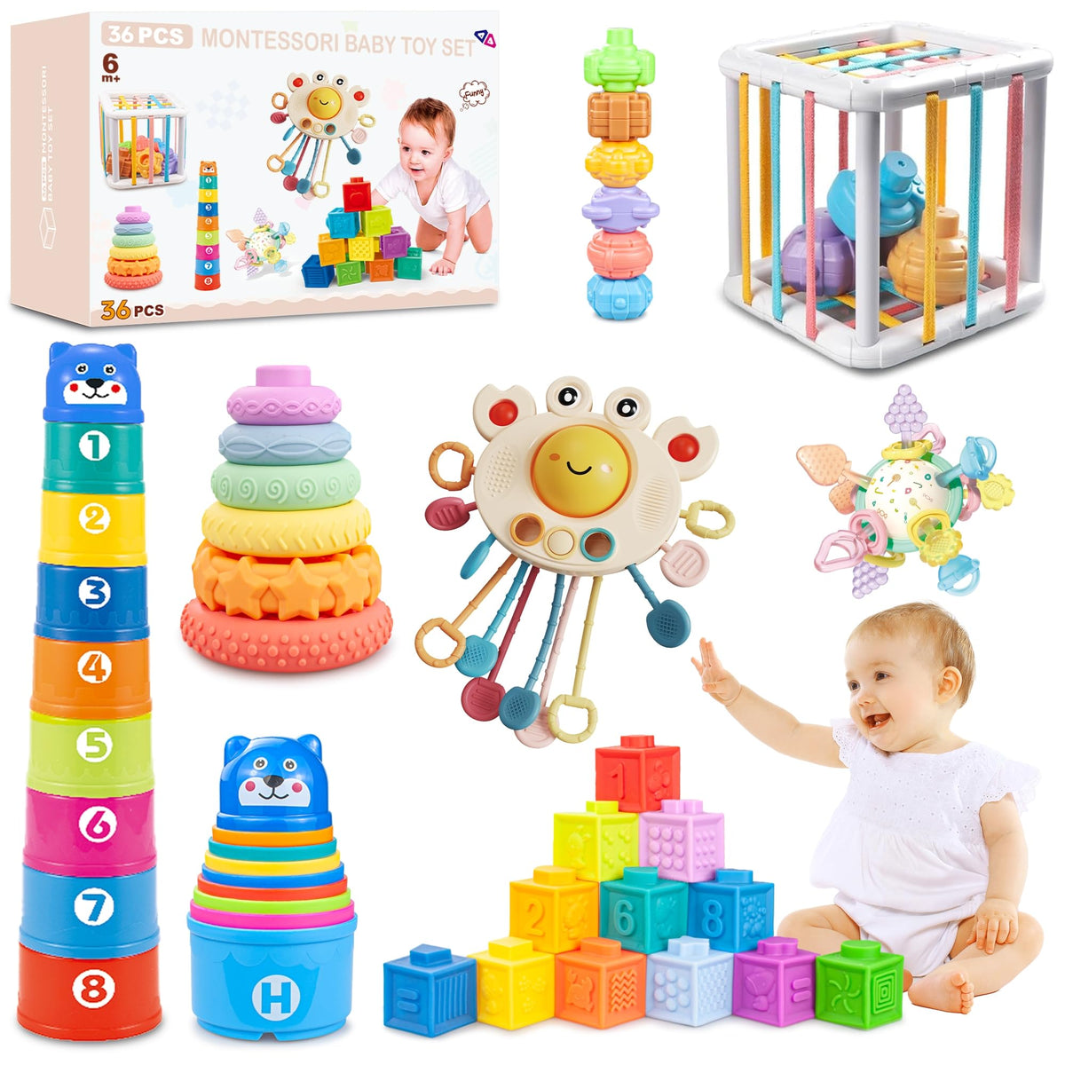 SYUUKH 6-in-1 Montessori baby toys blocks promote tactile color learning.