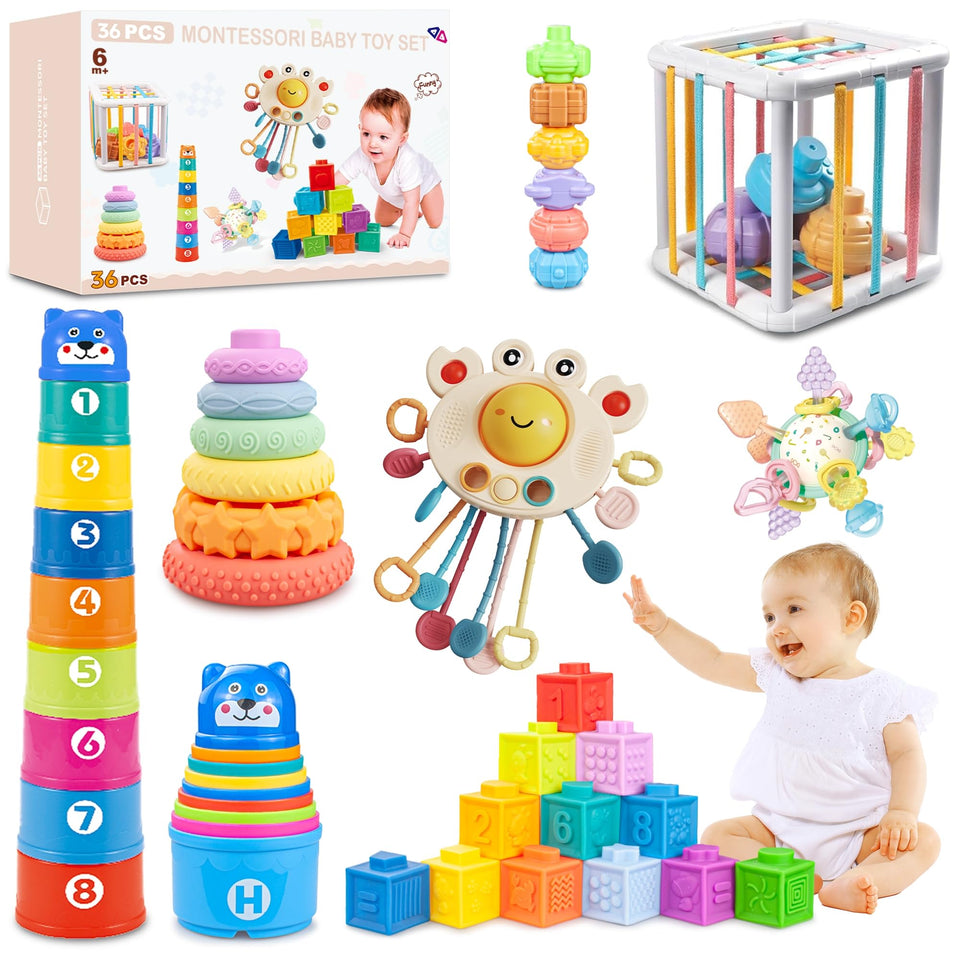 SYUUKH 6-in-1 Montessori baby toys blocks promote tactile color learning.