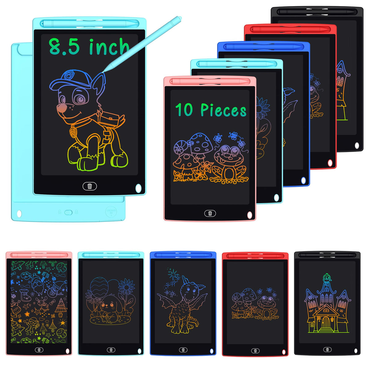 Szhsk LCD writing tablet 10-pack front view showing bright, erasable surface for kids