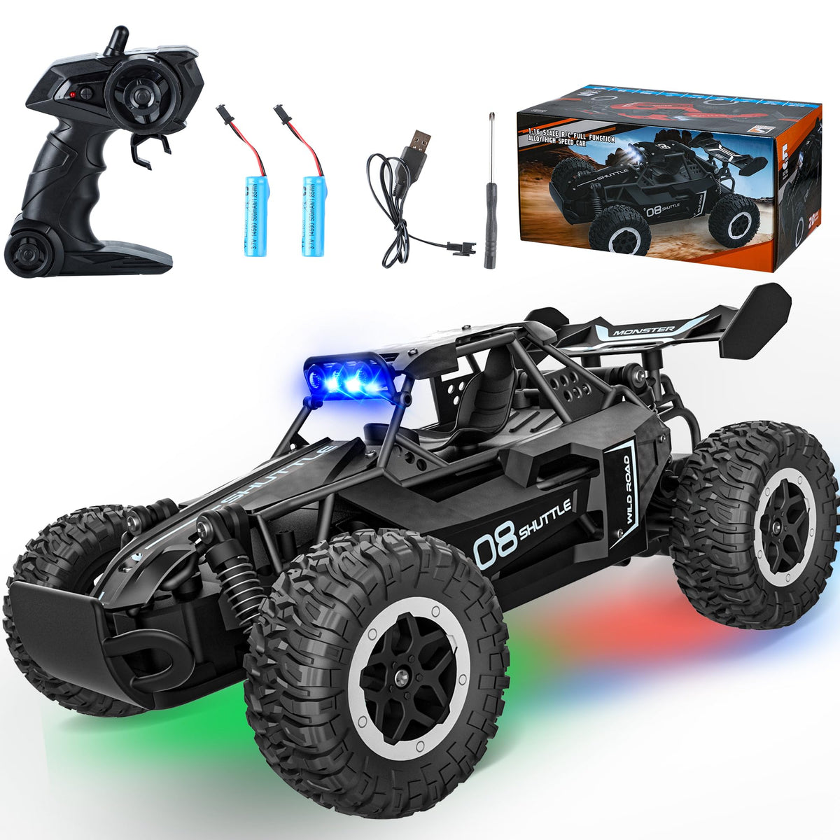 SZJJX remote control car front view showing vibrant LED headlights for outdoor play