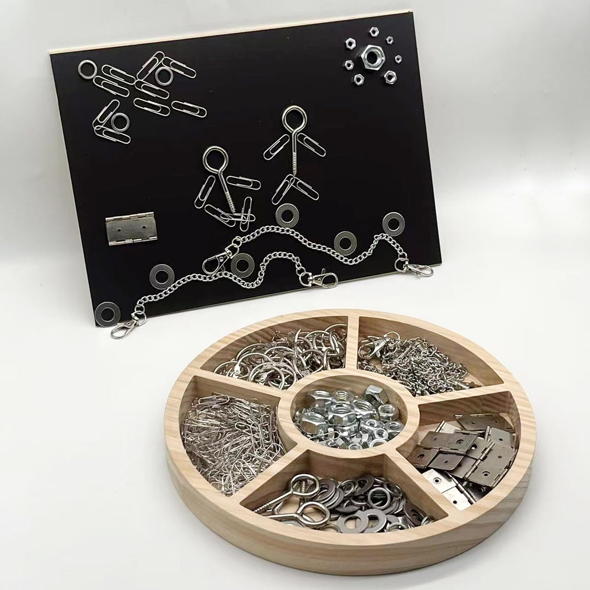 SZREGGIO metal loose parts tray keeps components organized during creative play.