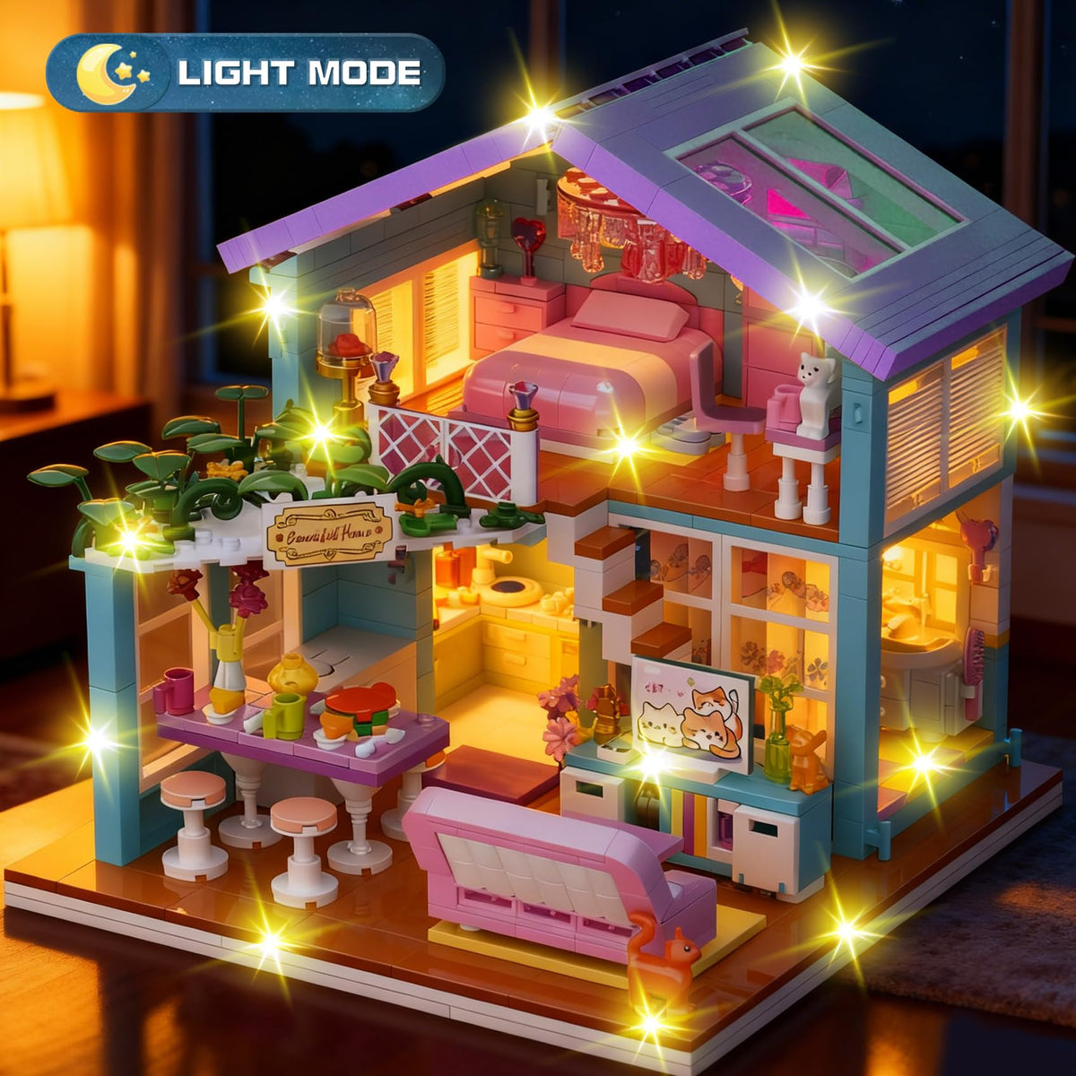 SZRUIZITEC LED light feature enhances the pink villa display during play