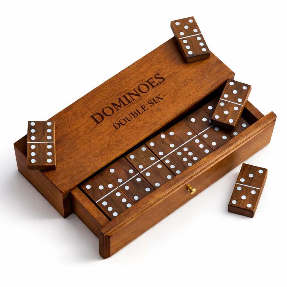 T one woods dominoes 28-tile wooden box open for display and play